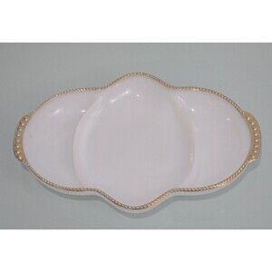 Vintage Milk Glass Chip and Dip Set Gold Beaded Edge Serving Tray Bowl White...